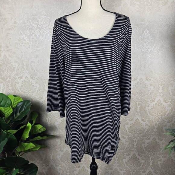PureJill Size Large Black White Striped Asymmetric Button Tunic Top 3/4 Sleeves - Picture 1 of 8